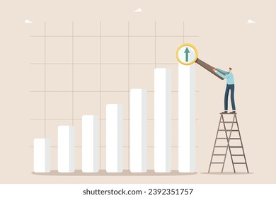 Financial growth and enrichment, business and investment value increase, income and wage growth, economic development, economic and market stability, man points with a magnifying glass at a graph.