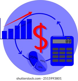 Gráfico de crescimento financeiro com símbolos gráficos em ascensão, calculadora e sinal de dólar.