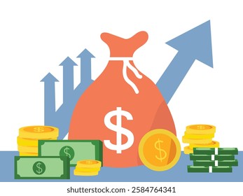 Financial growth. growing arrow with money, Coins and big money bag. Financial high return on investment and Income increase strategy.