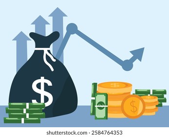 Financial growth. growing arrow with money, Coins and big money bag. Financial high return on investment and Income increase strategy.