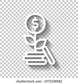 Financial growth, growing money tree, increase income. White linear icon with editable stroke and shadow on transparent background