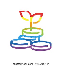 Financial growth, growing money tree, increase income. Drawing sign with LGBT style, seven colors of rainbow (red, orange, yellow, green, blue, indigo, violet