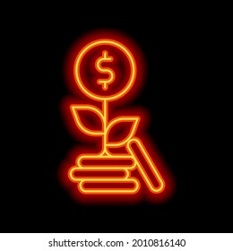Financial growth, growing money tree, increase income. Orange neon style on black background. Light linear icon with editable stroke