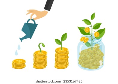 financial growth, hand watering sprouts growing from golden coin stacks