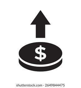 Ícone de crescimento financeiro com uma seta para cima sobre uma moeda de dólar representando aumento de preço valorização valorização inflação e sucesso no mercado monetário vetor ícone de glifo sólido
