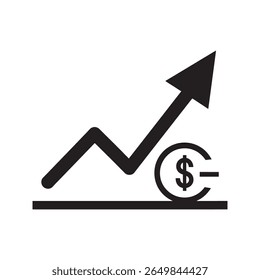 Ícone de crescimento financeiro com uma linha de seta ascendente sobre um símbolo de moeda monetária representando o aumento do mercado de ações de lucro de investimento e o ícone de glifo sólido do vetor de sucesso