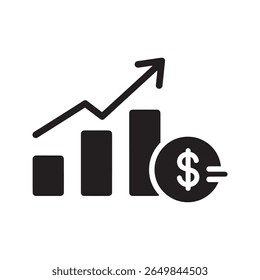 Ícone de crescimento financeiro com um gráfico de barras e uma linha de seta ascendente sobre uma moeda representando o lucro dos negócios aumentar o sucesso no mercado e o vetor de investimento ícone de glifo sólido