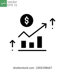 Financial growth icon. Dollar coin with increase arrow and graph symbol. data business finance report. Growing bar. solid or glyph pictogram. Vector illustration. Design on white background. EPS 10