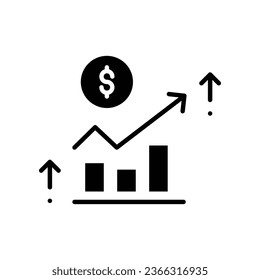 Financial growth icon. Dollar coin with increase arrow and graph symbol. data business finance report. Growing bar. solid or glyph pictogram. Vector illustration. Design on white background. EPS 10