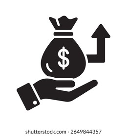 Ícone de crescimento financeiro com uma mão segurando um saco de dinheiro e uma seta para cima representando o aumento do retorno de investimento de lucro e sucesso de captação de recursos vetor ícone de glifo sólido
