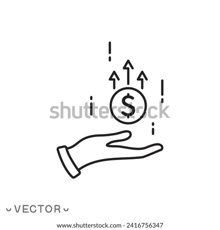 Financial growth icon in hand , thin line symbol isolated on white background, editable stroke eps 10 vector illustration