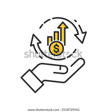 Financial growth icon with hand. Vector outline Illustration icon for funds raising.