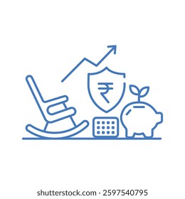 Financial Growth Icon Rocking Chair Shield Rupee Piggy Bank Calendar Graph Stroke Style