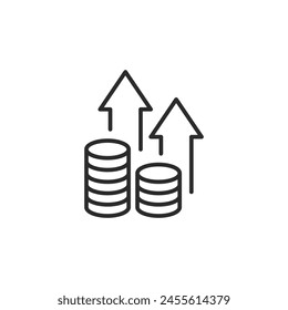 Financial Growth icon. Simple depiction of increasing coin stacks with upward arrows, symbolizing wealth accumulation and economic progress. Ideal for financial services. Vector illustration