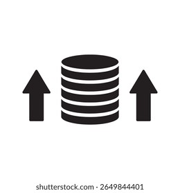 Ícone de crescimento financeiro com uma pilha de moedas e setas para cima representando o aumento da valorização do lucro da poupança e o investimento bem-sucedido retorna vetor ícone de glifo sólido