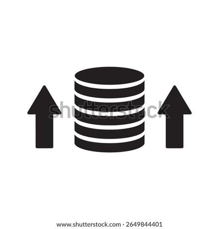 Financial growth icon with a stack of coins and up arrows representing increasing savings profit appreciation and successful investment returns vector solid glyph icon