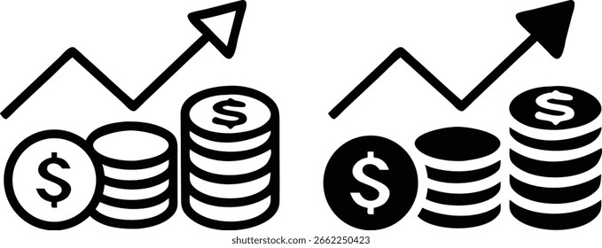Vector de ícono de crecimiento financiero, el dólar acuña el símbolo de flecha hacia arriba, ilustración de aumento de ganancias de inversión
