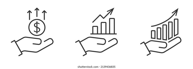 Financial growth icons. Hand and profit symbols. Increase money growth. Flat vector illustration.