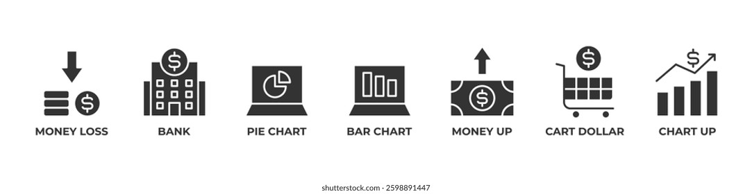 Financial Growth Icons set vector illustration glyph with Money loss, Bank, Pie chart, Bar chart, Money up, Cart dollar, Chart up