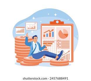 Financial growth ideas. Entrepreneurs earn income after a month of work. Active income concept. Flat vector illustration.