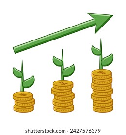 financial growth illustration with dollar coin symbols, plants and arrows. symbolizes successful investment with environmentally friendly projects. business theme design vector for, banner, poster, we