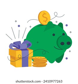 Financial growth. Illustration for the financial industry. Piggy bank, coins and gift. Vector graphic.