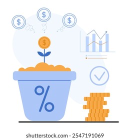 Illustration des Finanzwachstums mit einer aus einem Topf hervortretenden Geldpflanze, Münzen und einem Gewinndiagramm, das Investitionen symbolisiert