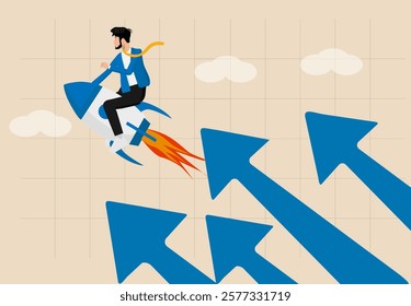 Financial growth, innovation boost profit or sales, growing business for success concept, businessman riding rocket booster with growth arrow, increase investment earning or stock market rising up.