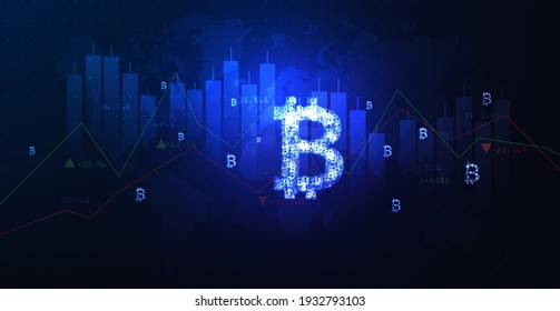 Financial growth and Investing. Modern digital money sign illustration. Cryptocurrency trading. bitcoin trading market data chart. Bitcoin  Logo and defocused chart background. 