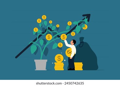 Finanzielles Wachstum oder Investitionen von Unternehmen oder Börse. Kapitalrendite (ROI). Bullen-Markt-Gewinne. Geschäftsmann oder Anleger, der Dividenden von Money Tree Goldmünzen sammelt. Vektorillustration