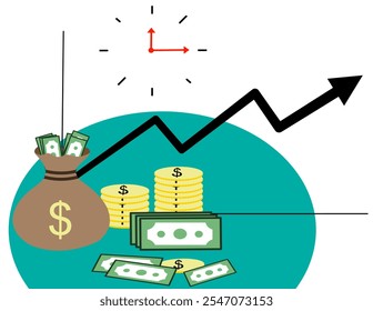 Financial growth and investment concept illustration. Line graph showing increasing growth and clock showing opportunity. Important time frame for investment.