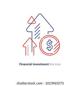 Financial Growth, Investment Strategy Plan, Fund Rising Campaign, Arrows And Coin, Vector Mono Line Icon