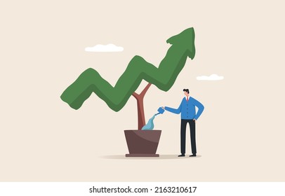 Financial growth Investment strategy plan. Long-term investment strategy, income growth, business income increase, return on investment.  Businessman watering down arrow graph plant.