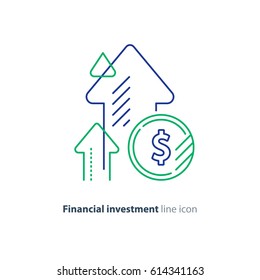 Financial Growth, Investment Strategy Plan, Fund Rising Campaign, Arrows And Coin, Vector Mono Line Icon