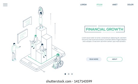 Financial Growth - Line Design Style Isometric Web Banner With Copy Space For Text. A Businesswoman Standing On The Top Of Diagram Sectors, Holding A Dollar Coin, Colleagues Working With Laptops