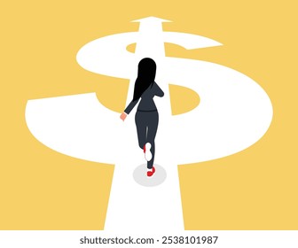 Financial growth path. Business Woman running on the street money symbol