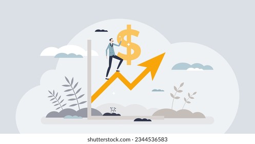 Financial growth and profit development to rise money tiny person concept. Finance earnings improvement with successful results and upward statistics vector illustration. Business income progress.