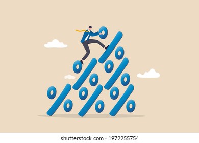 financial growth profit, sale or discount, interest rate or inflation percentage concept, businessman climbing to the top pile of percentage signs metaphor of increasing in percent.