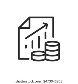 Financial growth report, linear style icon. Document with charts and a stack of coins, indicating financial growth. Editable stroke width.