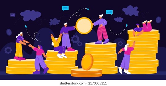 Financial Growth, Savings, Fundraising Business Concept. Tiny Characters Team Work Together, People Help Each Other To Climb On Coin Stacks. Partnership, Money Growth Linear Flat Vector Illustration