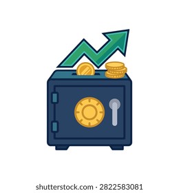 Financial growth and security concept with safe and rising arrow. A flat illustration of a blue metal safe with a golden combination lock. Gold coins drop into the top as a green growth arrow rises. Ideal for business finance and investment presentations.