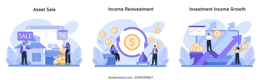 Finanzwachstumsbericht Steuerung der Liquidation von Vermögenswerten, Reinvestition zur Verbesserung der Cashflows und Maximierung des Ertragspotenzials von Investitionen. Strategische Vermögensakkumulation visualisiert. Flacher Vektor.