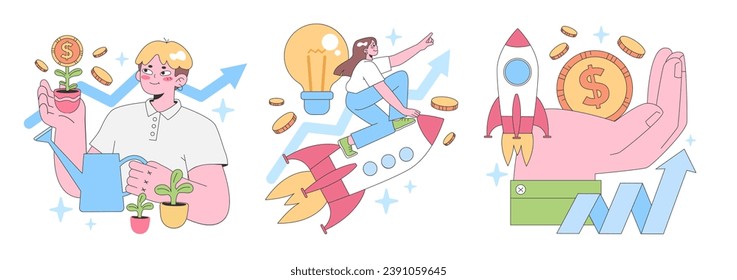 Conjunto de Crecimiento Financiero. Hombre joven alimentando una planta en dólares, encendiendo ideas, emprendiendo empresas y obteniendo beneficios. Inversión, creatividad, éxito de las nuevas empresas. Ilustración vectorial plana