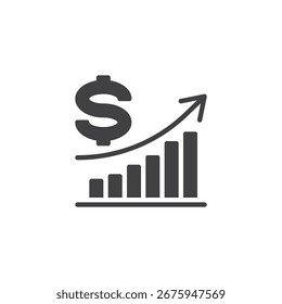 Ícone de glifo sólido de crescimento financeiro. Um ícone em negrito com um dólar e gráfico ascendente. Este sinal de vetor simboliza o sucesso em relatórios de ícone de análise de dados e negócios.