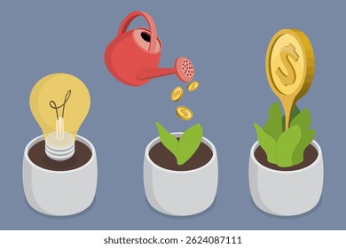 Financial growth strategy. Idea bulb seed, watering can, dollar plant. 3d flat isometric vector illustration. Eps 10