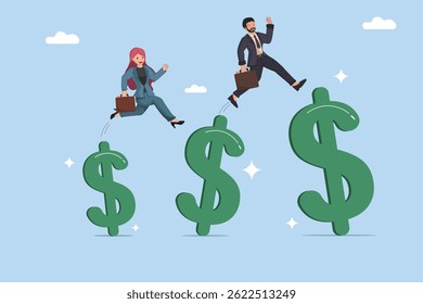 Financial Growth and Success Business Professionals Jumping Over Increasing Dollar Symbols, Illustrating Career Advancement and Economic Improvement.