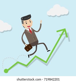 Financial growth success concept with happy businessman climbing up on green graph as step stair start from beginning to success. Business concept for growth success process. vector illustration EPS10