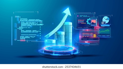 Crescimento financeiro e sucesso em um ambiente digital. O design apresenta uma seta dinâmica para cima sobre elementos de dados, gráficos e gráficos futuristas, simbolizando o avanço da análise financeira digital.