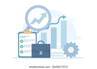 Financial growth and sustainable investment concept. checklist, briefcase and tools. business growth chart illustration with rising arrow. symbolizes success, analysis or strategy.