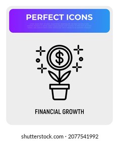 Financial growth thin line icon: flower in pot with dollar coin. Financial stability, savings, increase of wealth, business profit. Modern vector illustration.